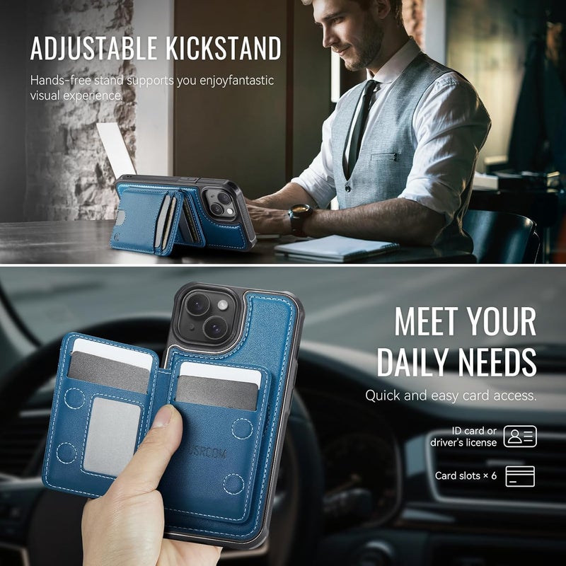 Usroom for iPhone 15 Detachable Wallet Case with Card Holder, 2 in 1 RFID Blocking Credit Slots Kickstand Shockproof Phone Wallet for iPhone 15 6.1" Blue - Image 5